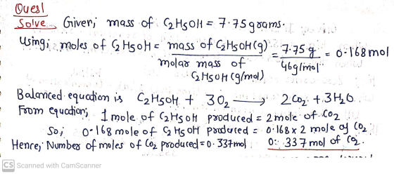 using a moles of G H mass of CzHs oH (9) - 7.759 = 0.168 mol Ouest Solve Giver; mass of: C2H5011= 7.75 grams. I molar mass of