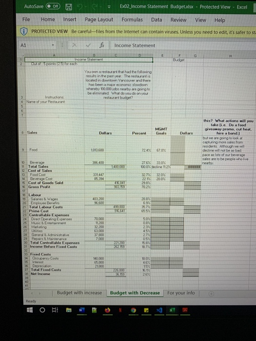 AutoSave OOH E xO2 Income Statement Budget.xlsx . Protected View - Excel File Home Insert Page Layout Formulas Data Review Vi
