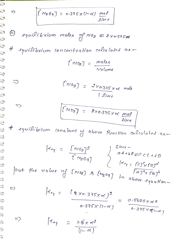 -> ( ng Oq] = 0.395x(1-0) mol liter (11) equilibrium moles of mon e 2 x039564 equilibrium concentration cedeulented are { neo