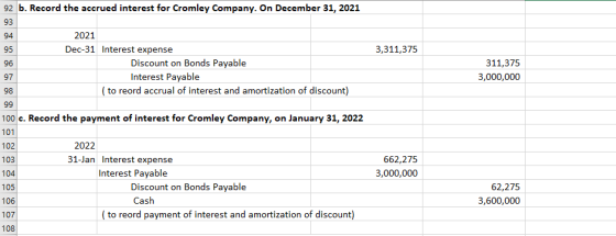 92 b. Record the accrued interest for Cromley Company. On December 31, 2021 93 94 95 3,311,375 96 2021 Dec-31 Interest expens