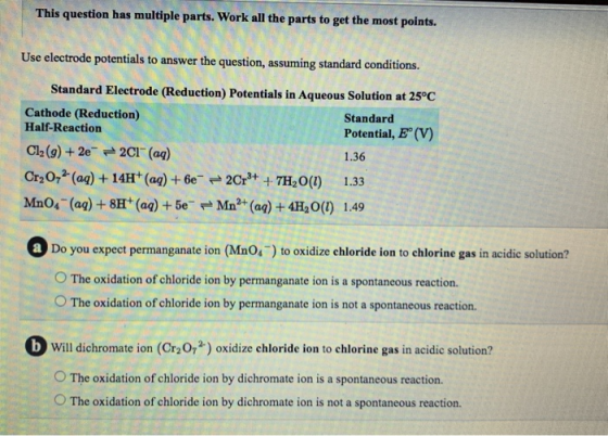 This question has multiple parts. Work all the parts to get the most points. Use electrode potentials to answer the question,