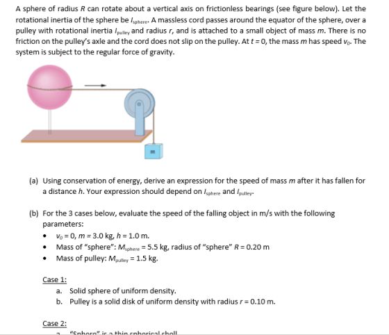 A sphere of radius R can rotate about a vertical axis on frictionless bearings (see figure below). Let the rotational inertia