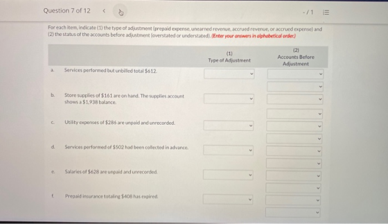 Question 7 of 12 -/15 For each item, indicate (1) the type of adjustment (prepaid expense, unearned revenue, accrued revenue,