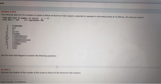 ent Problem 6.031 The following data are the numbers of cycles to failure of aluminum test cou pons subjected to repeated to