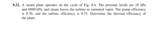 8.22. A steam plant operates on the cycle of Fig. 8.4. The pressure levels are 10 kPa and 6000 kPa, and steam leaves the turb