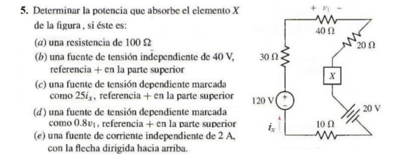 + V - 40 12 2012 AN 300 5. Determinar la potencia que absorbe el elemento X de la figura, si éste es: (a) una resistencia de