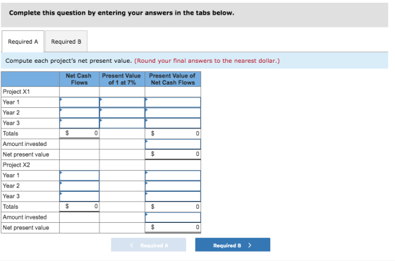 Complete this question by entering your answers in the tabs below. Required A Required B Compute each projects net present v