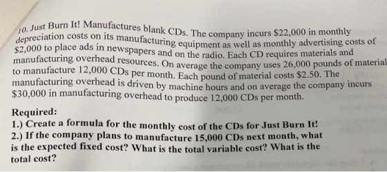 10. Just Burn It! Manufactures blank CDs. The company incurs $22,000 in monthly depreciation costs on its manufacturing equip