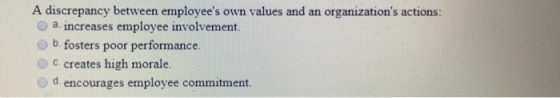 A discrepancy between employees own values and an organizations actions: O a. increases employee involvement. o b fosters poor performance. O c. creates high morale. o d encourages employee commitment