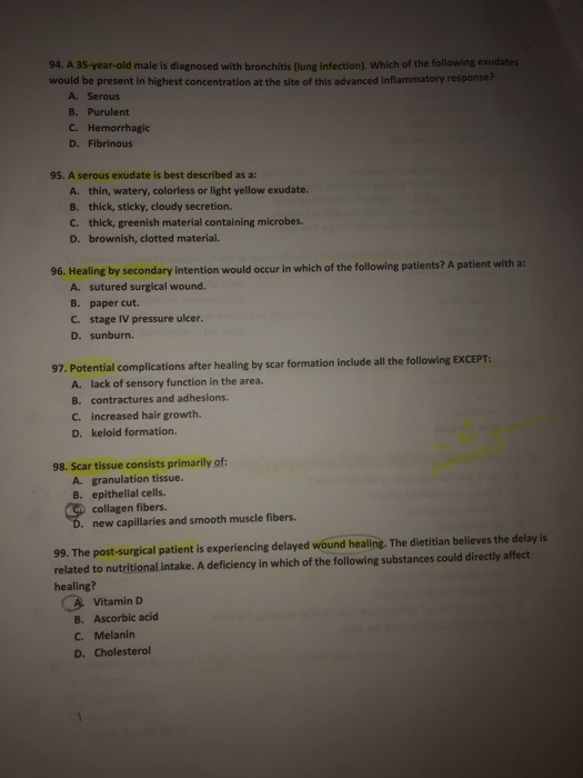 94. A 35-year-old male is diagnosed with bronchitis (lung infection), Which of the following exudates would be present in hig