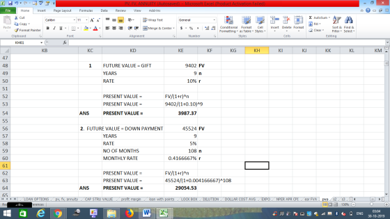 PV, FV, ANNUITY (Autosaved) - Microsoft Excel (Product Activation Failed) Review View Add-Ins Formulas Data - 2x 11 A = = = V