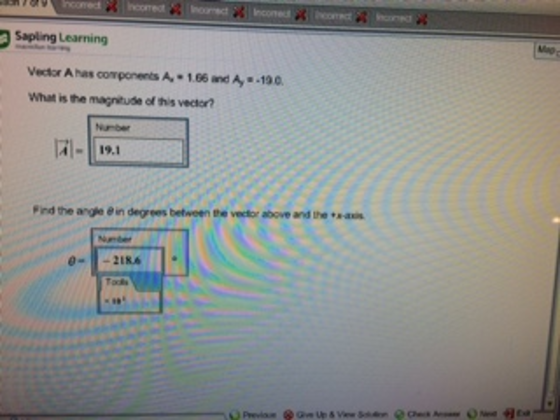 Vector A has components Ax = 1.66 and Ay = -19.0.