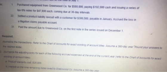 clue UI JUI 1. 1 22 Purchased equipment from Greenwood Co. for $580,000, paying $102,000 cash and issuing a series of ten 6%