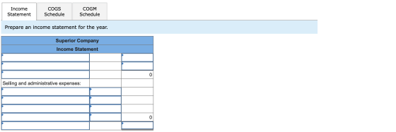 Income Statement Income SCOGSie COGM Schedule Scheme Schedule Prepare an income statement for the year. Superior Company Inco