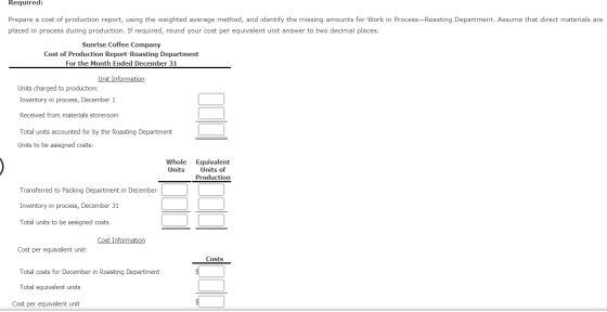 Required: Prepare a cost of production report, using the weighted average method, and identify the missing amounts for Work i
