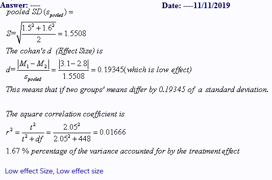 Answer: pooled SD (se) Date: 11/11/2019 /1.521.6 - 1.5508 2 The cohans d (Effect Size) is 4- M2_ 3.1-2.8|| d= 0.19345which i