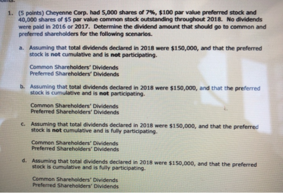 U5. 1. (5 points) Cheyenne Corp. had 5,000 shares of 7%, $100 par value preferred stock and 40,000 shares of $5 par value com