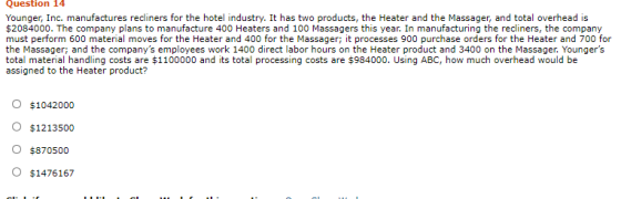 Question 14 Younger, Inc. manufactures recliners for the hotel industry. It has two products, the Heater and the Massager, an