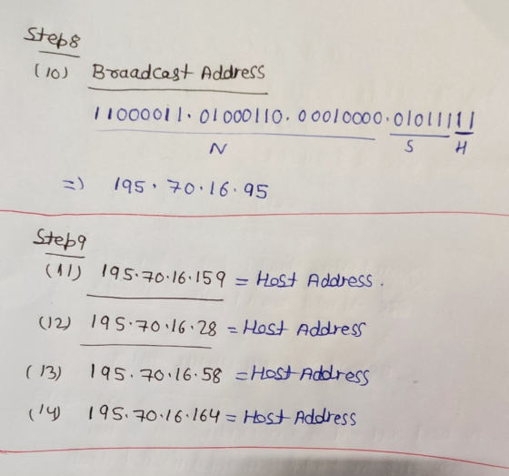 Steps 10 Braadcast Address 1100001 1.01000110.000 10000 ololllll H s - 195,70:16.95 Stepa (11) 195:70.16.159 = Host Address.