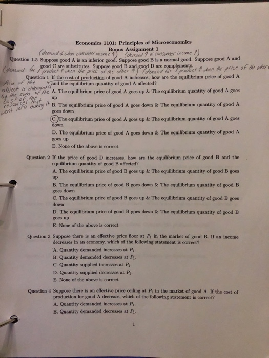 Economics 1101: Principles of Microeconomics Bonus Assignment 1 (demand when comune nome 1) da 1 as consomer income 1) Questi