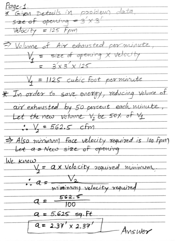 data page-1. * Given Details in problems size of opening 3x3 Velocity = 125 fom = Volume of Air exhausted per minute, V = siz