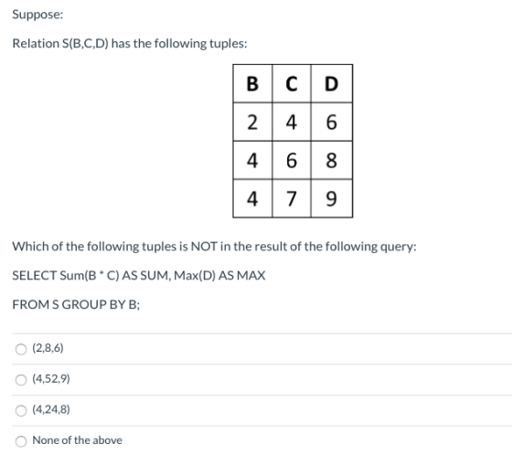 Suppose: Relation S(B,C,D) has the following tuples: 68 79 Which of the following tuples is NOT in the result of the followin
