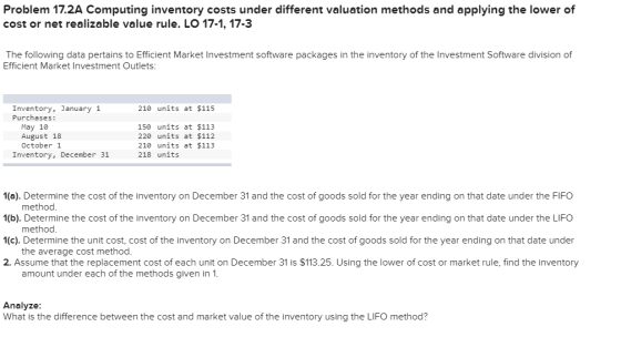 Problem 17.2A Computing inventory costs under different valuation methods and applying the lower of cost or net realizable va
