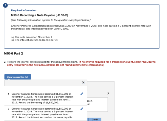 Required information M10-6 Recording a Note Payable [LO 10-2] (The following information applies to the questions displayed b