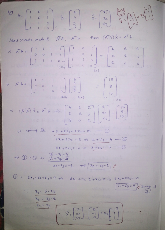 6 Ang A= b= X2 X3 - 3. 5 o Least creare method then (ATA) ² = AT 6 АТА, АТЬ - 4 2 2 - ATA= O 2 2 2 2 O 3x4 4x3 18 - AT b = -