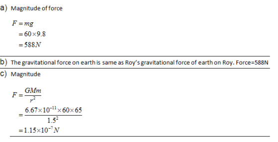 a) Magnitude of force F = mg 60×9.8 - 588N b) The gravitational force on earth is same as Roys gravitational force of earth