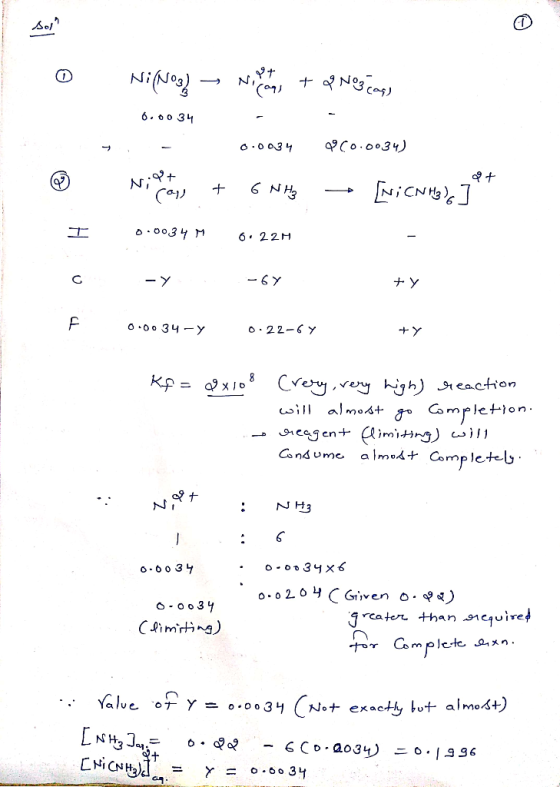 1 0 Ni(Og) Niets + 2? Nescag) 0.0034 - - 0.0034 & co.0034) + Nida + 6 NH3 [Ni CNH3) 0.0034 M 6.22M Dė H -y -6y ty 0.0034 -y 0