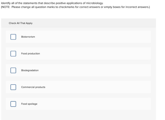 Identify all of the statements that describe positive applications of microbiology. (NOTE: Please change all question marks t