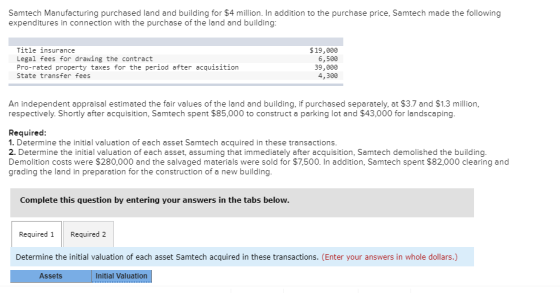 Samtech Manufacturing purchased land and building for $4 million. In addition to the purchase price, Samtech made the followi