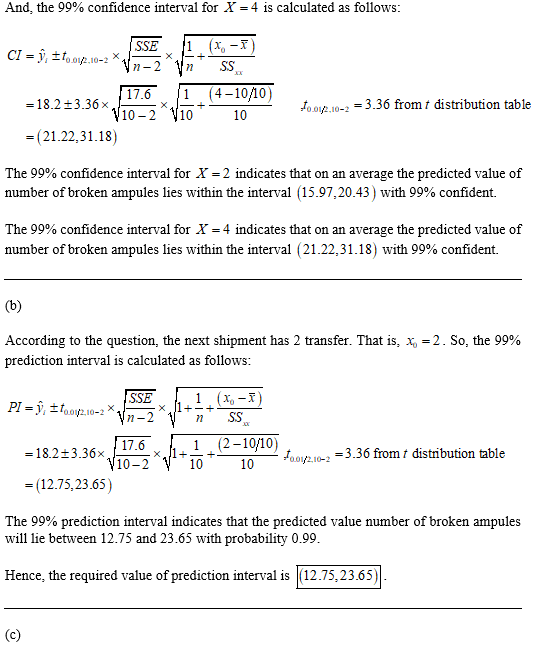And, the 99% confidence interval for X=4 is calculated as follows: SSE CI too.10-2 SS n-2 (4-10/10) 17.6 1 =18.2 +3.36 x fo.o