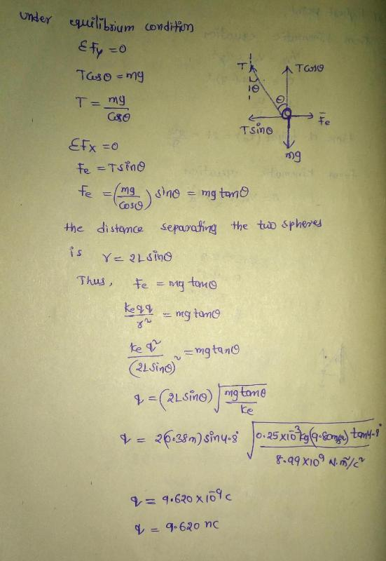 under quitboum cond Rm Taso mg Gse fe Tsine 9 the distamce Sepaorating the tuo sphere Y2Lhe 21Sin) 9,= 9-670 x 109 c