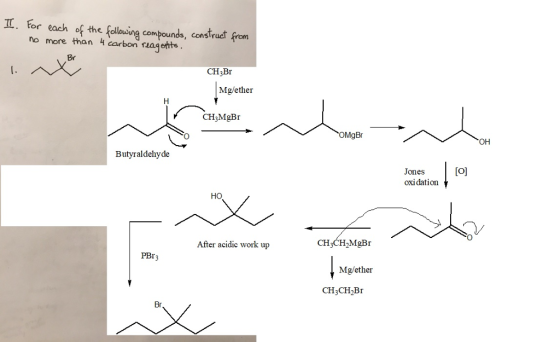 . tor each of the follou s, Conslr no more than 4 carbon rzagetts. Br CH3Br Mg/ether CH3MgBr MgBr OH Butyraldehyde Jones oxid