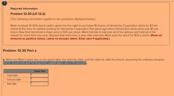 Required information Problem 12-30 (LO 12-2) [The following information applies to the questions displayed below.] Mark recei