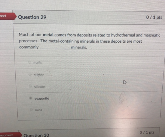 rect Question 29 0/1 pts Much of our metal comes from deposits related to hydrothermal and magmatic processes. The metal-cont