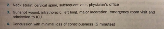 2. Neck strain, cervical spine, subsequent visit, physicians office 3. Gunshot wound, intrathoracic, left lung, major lacera