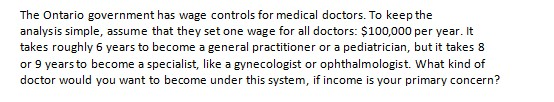 The Ontario government has wage controls for medical doctors. To keep the analysis simple, assume that they set one wage for