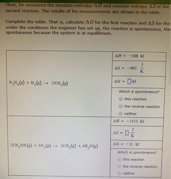 Then, he measures the reaction enthalpy AH and reaction entropy AS of the second reaction. The results of his measurements ar
