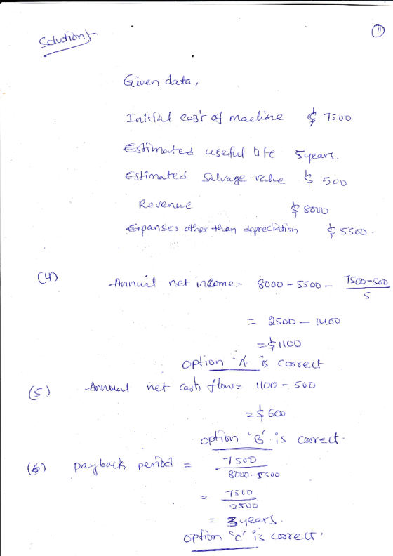 Colution Given data, Tnitil cot af maeline EFmated wseful tife Syears Esimated alvage velue Revenne Expanses dhex4en deprecie