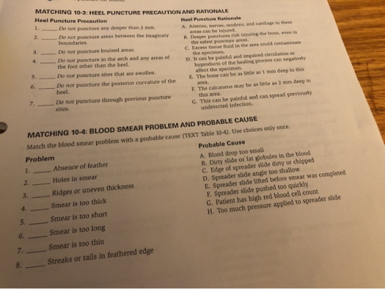 MATCHING 10-3: HEEL PUNCTURE PRECAUTION AND RATIONALE Heel Puncture Precaution Heel Puncture Rationale Do not puncture any de