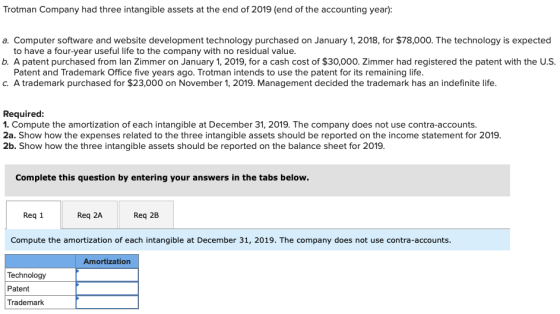 Trotman Company had three intangible assets at the end of 2019 (end of the accounting year): a. Computer software and website