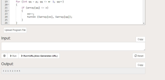 for (int qq p; qq < m 1; qq++) 19 20 ▼ 21 if (array[qq] <-x) 23 24 25 26 00++ turnIn (&array [oo], &array[qq]); Upload Progra