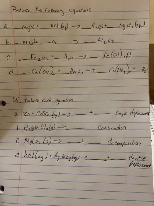 Balance the following equations a. Mg(s) + _ Hel (ag) -> H2(g) + Mg Clz (ng) b. LAI (s) + -a -> Alzug c. - Fe₂O3 +_ H2o - Fe