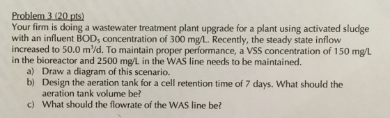 Problem 3 (20 pts) Your firm is doing a wastewater treatment plant upgrade for a plant using activated sludge with an influen