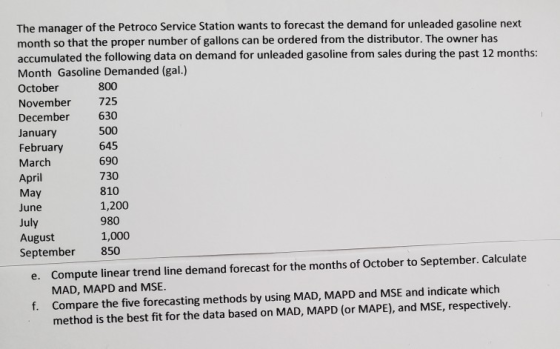 690 The manager of the Petroco Service Station wants to forecast the demand for unleaded gasoline next month so that the prop