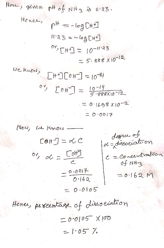 Henen, geven pH of Nitz is 11-23 . Henen, pH = -log CH +] 11:23 = -log[ht] or, [H+] = 10–11:23 55.888 x10-12 We know TH+] [OH