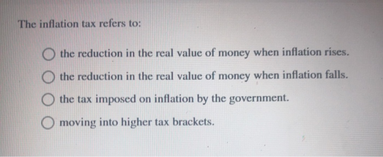 The inflation tax refers to: O the reduction in the real value of money when inflation rises. O the reduction in the real val